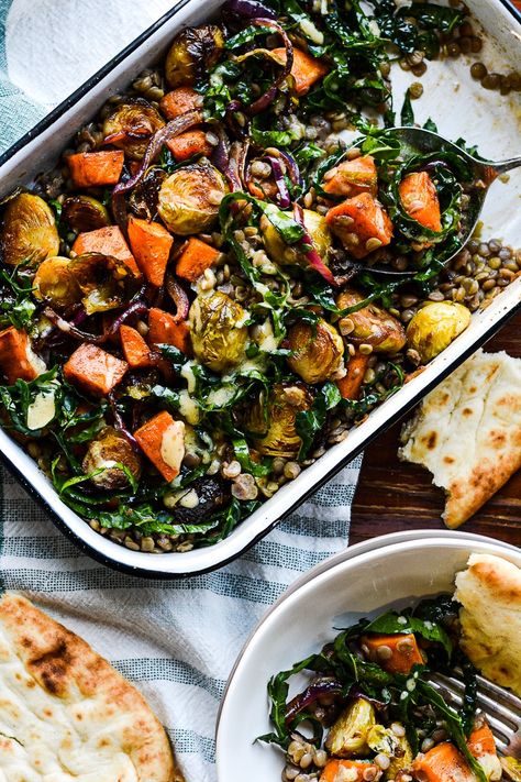 Warm Winter Salad, Warm Kale Salad, Warm Salad Recipes, Lentil Salad Recipes, Salad For Dinner, French Green Lentils, Roasted Sprouts, Kale Salad Recipes, Warm Salad