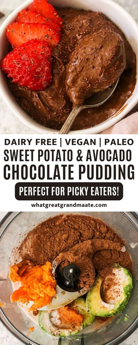 Sweet Potato Avocado, Potato Avocado, Healthy Chocolate Pudding, Sweet Potato Chocolate, Sweet Potato Pudding, Avocado Chocolate Pudding, Chocolate Pudding Recipes, Avocado Chocolate, Vegan Kids