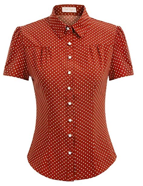 Belle Poque Women's Polka Dot Shirt Tops 1950s Retro Short Sleeve Blouse Tops at Amazon Women’s Clothing store Vintage Style Blouses, Curved Hem Shirt, Retro Shorts, Polka Dot Shorts, Polka Dot Shirt, 1940s Fashion, Retro Shirts, Shirt Short Sleeve, Vintage Shirt