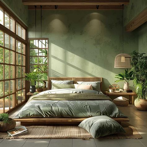 Greenery Bedroom Ideas, Exotic Bedrooms, Mid Century Modern Bedroom Design, Japanese Style Bedroom, Inspiring Lifestyle, Best Bedroom Colors, Earthy Greens, Japanese Bedroom, Bedroom Colour