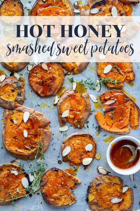 Hot Honey Butter, Honey Butter Sauce, Hot Honey Recipe, Smashed Sweet Potatoes, Sweet Potato Sides, Grilled Sweet Potatoes, Sweet Potato Slices, Crispy Sweet Potato, Grilled Potatoes