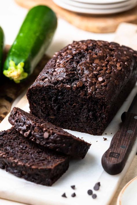 When monster chocolate cravings strike, feed it a slice (or two!) of Double Dark Chocolate Zucchini Bread! Moist, fudgy, and chock full of chocolate chips! chocolate zucchini bread // double chocolate zucchini bread // chocolate zucchini bread recipe #easy #moist #recipe #zucchini #kitchenconfidante Zucchini Loaf Recipes Chocolate Chips, Chocolate Zucchini Bread Muffins, Zuchinis Bread Recipe Chocolate Chip, Chocolate Avocado Bread, Choc Zucchini Bread, Dark Chocolate Zucchini Bread, Zucchini Bread Recipes Chocolate, Zucchini Bread Chocolate, Zucchini Bread Moist