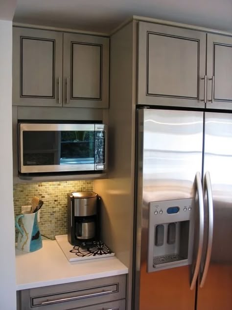 Microwave Placement, Microwave Cabinet, Microwave Shelf, Layout Kitchen, Curtains Kitchen, Kabinet Dapur, Farmhouse Kitchen Remodel, Microwave In Kitchen, Remodel Diy