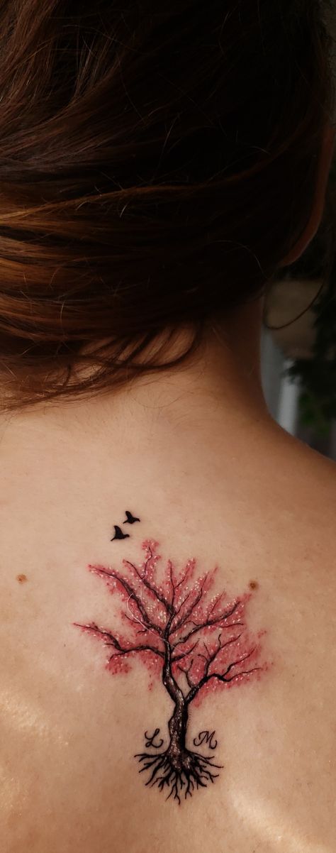 Cherry blossom tree tattoo with two small birds Cherry Blossom Tattoo With Birds, Butterfly Tree Tattoo, Cherry Tree Tattoo, Fairy Tats, Cherry Tree Tattoos, Cherry Blossom Tree Tattoo, Memory Tattoos, Little Bird Tattoos, Blossom Tree Tattoo