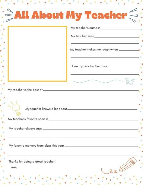 all about my teacher fill in the blank printable PDF free About My Teacher, I Love My Teacher Because Printable, All About My Teacher, All About My Teacher Free Printable, Teacher Appreciation Letter, Teacher Thank You Notes, Teacher Questionnaire, I Love My Teacher, Appreciation Letter