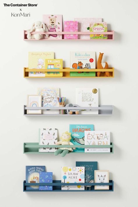 Part of our exclusive collection of sustainable products designed by Marie Kondo, this kid-friendly bamboo bookshelf helps keep the focus on fun. A grooved shelf base secures contents in place, even if you layer books for convenient storage. The keyhole back, along with included hardware, assures easy installation. Available in Cool Grey, Marigold Yellow, Rose Pink, Sage Green, and Teal Blue. Sage Green And Teal, Pink Toddler Rooms, Yellow Playroom, Bamboo Bookshelf, Green Bookshelves, Grey Bookshelves, Handmade Bookshelves, Handwoven Baskets, Floating Bookshelves