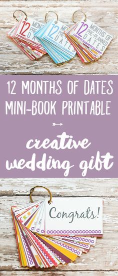 FREE Printable 12 Months of Pre-Planned Dates Mini-Book | Give the gift of quality time as a creative and meaningful wedding or engagement gift with this free printable download. Help make a couple's first year of marriage one for the record books! The 14 page PDF Printable Pack comes with everything you need to carry out this gift idea plus many more! 12 Months Of Dates, Wedding Gifts Ideas, Wedding Gifts For Couple, Creative Wedding Gifts, First Year Of Marriage, Wedding Favors Cheap, Year Of Dates, Unique Wedding Favors, Wedding Gifts For Couples