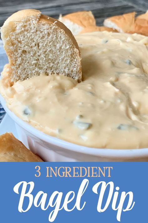 This creamy bagel dip is a perfect appetizer for parties and can be mixed up in 5 minutes with 3 easy ingredients! Cream cheese, a tub of onion and chive flavored cream cheese and 2 small jars of Kraft Old English Cheese make a deliciously creamy, cheesy dip with hints of onion which is perfect for dipping bagels or chips into! Served chilled this is an easy dip recipe that satisfies! Bagel Cheese Dip, Marshmallow Fluff Fruit Dip, Easy Buffalo Chicken Dip, Bagel Dip, English Cheese, Cream Cheese Recipes Dip, Easy Buffalo Chicken, Bagel Chips, Bagel Bites