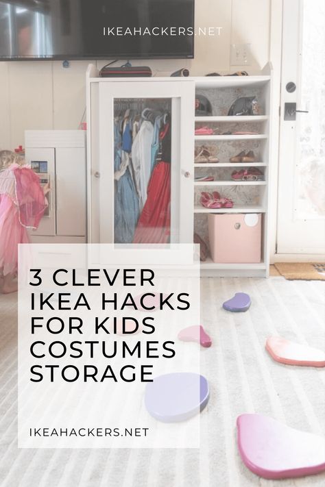 Kid Playroom Storage, Dress Up Accessories Storage, Ikea Trofast Doll Storage, Ways To Store Dress Up Clothes, Dress Up Clothes Storage Ideas, Princess Dress Wardrobe Diy, Play Clothes Storage, Dress Up Storage Ikea Hack, Toddler Wardrobe Ikea Hack