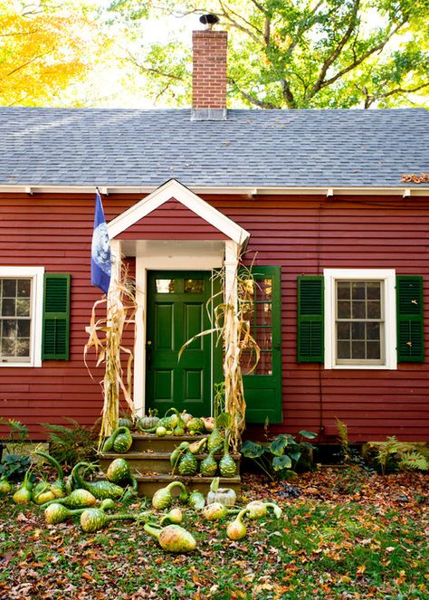 Rustic Tiny House, White Porch, Cottage Exteriors, Red Houses, Turquoise Front Door, Fall Decorating Ideas, Lakeside Cottage, Red Cottage, Cottage Exterior