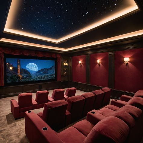 A luxurious home theater with plush velvet seating, a large projection screen, and ambient LED lighting for the ultimate cinematic experience at home. #HomeTheater #Luxury #VelvetSeating #ProjectionScreen #LEDLighting Vintage Home Theater, Movie Theater Interior, At Home Cinema, Indoor Theater, Luxury Movie Theater, Luxury Home Cinema Room, Luxury Home Theater, Luxurious Home Theater, Aesthetic Cinema