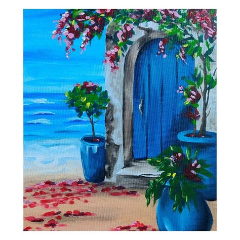 The painting is about a small landscape piece from the Greek island of Santorini. Blue door with blue pots and bright pink flowers and a glimpse of the sea. It is an easy painting done with acrylic on canvas for easy repaint for beginners and kids. Santorini Landscape, Acrylic For Beginners, Tuscan Doors, Blue Pots, Greek Flowers, Bright Pink Flowers, Greece Painting, Sea Flowers, Painting In Acrylic