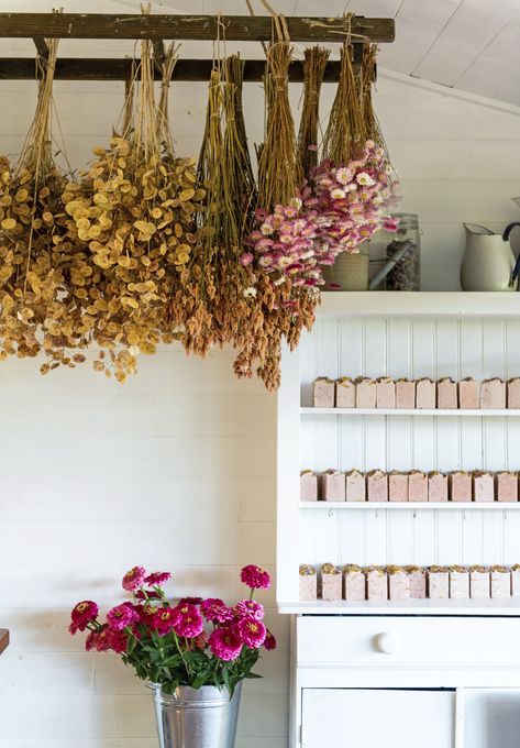 Bunches of flowers hang while they dry out at this shop, which is attached to a flower farm. Flower Farm Aesthetic, Hanging Dried Flowers Decor, Hanging Dried Flowers, Bunches Of Flowers, Outdoor Awnings, Festival Decor, Kangaroo Paw, Market Garden, Coastal Gardens