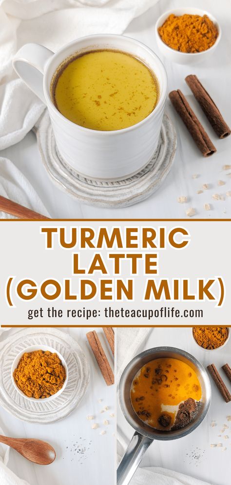 This turmeric latte recipe features warming and healing spices whisked into milk for a golden drink with a soothing and earthy taste. Naturally caffeine-free and high in antioxidants, this latte is great for the end of day or when you're not feeling 100%! Milk Turmeric Drink, Tumeric Milk Tea Recipes, Turmeric Night Time Drink, Golden Milk Recipe Turmeric Almond Milk, Turmeric Moon Milk, Fresh Turmeric Tea, Turmeric Coffee Latte, Spiced Milk Recipe, Gold Milk Turmeric Recipe