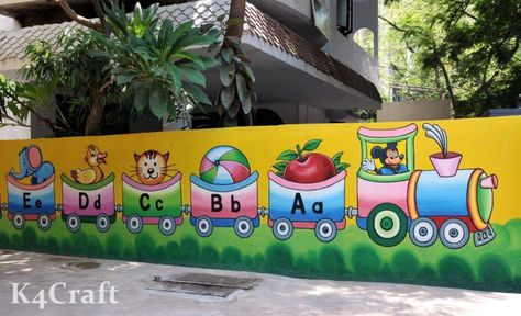 Play School Wall Paintings to Decorate Walls • K4 Craft School Wall Decoration Painting, Wall Painting For Play School, Wall Painting For Nursery School, Wall Painting For Preschool, School Walls Decorating Ideas, Bala Paintings For School, Play School Wall Painting Ideas, School Wall Drawing, School Outside Wall Painting