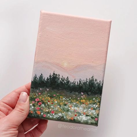 Spring = more colors 🌸⁠ ⁠ I couldn't resist painting a mini landscape with the vibrant colors of this season🌷⁠Swipe to see more photos and let me know what you think🌷🤗⁠ ⁠ the original painting is available for purchase on Etsy ✨ ⁠ ⁠ and in case you want to watch the steps of painting this mini landscape, there's a video on my YT channel ✨ link in my bio⁠ .⁠ .⁠ .⁠ .⁠ #minicanvas #minicanvaspainting #acrylicpaintingartist #acrylicpaintings #artistsonig #artstudio #artstudiolife #minipainting ... Cute Paintings Acrylic, Tiny Things To Paint, Mini Painted Canvas, Easy Painting Ideas On Mini Canvas, How To Make Colors With Paint, Mini Abstract Paintings, Tiny Painting Ideas, Paintings Mini Canvas, Tiny Paintings Ideas