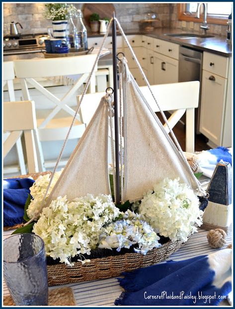 Navy Tablescape, Boat Centerpieces, Yacht Club Party, Coastal Table Decor, Nautical Centerpiece, Lake Boating, Nautical Wedding Inspiration, Sailing Theme, Coastal Table