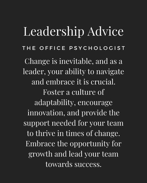 As leaders, we understand that the only constant in our ever-evolving world is change. To succeed in navigating change, we must embrace adaptability and cultivate a supportive environment for our teams. Leading through change requires us to be flexible, open-minded, and agile in our decision-making. It’s about inspiring and guiding our team members, helping them embrace the unknown, and fostering resilience in the face of challenges. Leadership Change Quotes, Motivational Staff Quotes, Quotes About Change At Work, Decision Making Quotes Career, Office Psychologist, La Quotes, Hr Skills, Decision Making Quotes, Employee Lounge