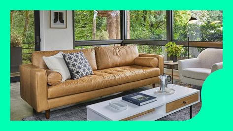 The Ultimate Guide To Buying A Couch, According To Design Experts Tan Sofa, Best Online Furniture Stores, Tufted Leather Sofa, Tan Leather Sofas, Leather Sofa Living Room, Cool Couches, Gold Living Room, Leather Couch, Living Room Set