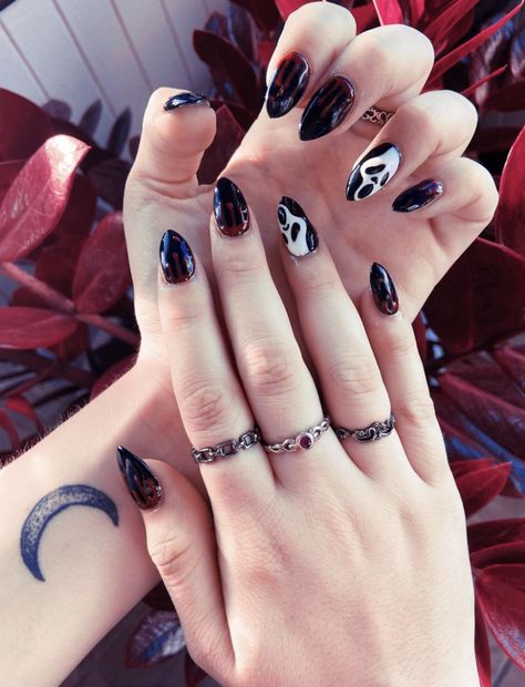 Ghostface Nails, White Lace Nails, Scream Nails, Gradation Nails, Black Almond Nails, Gucci Nails, Cherry Blossom Nails, Evil Eye Nails, Feather Nails