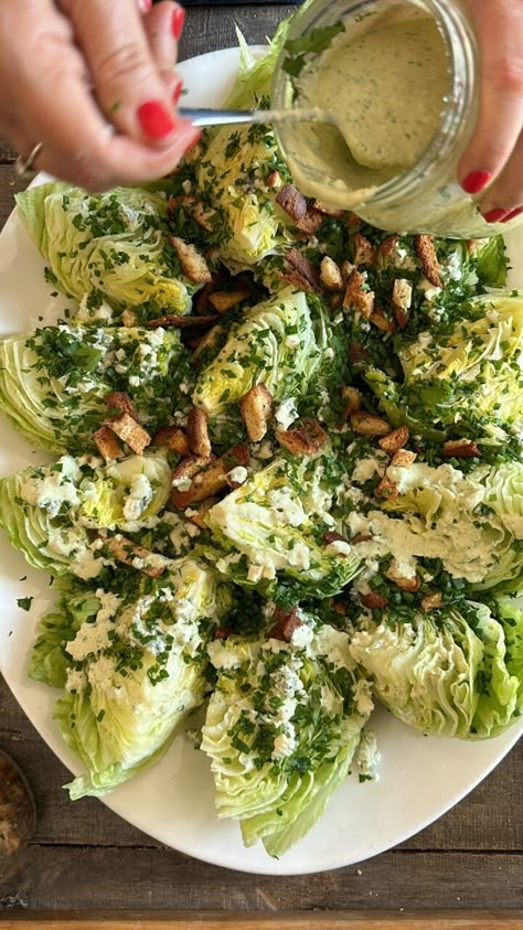 Everything You Need To Know About Making A Mind-blowing Wedge Salad || #Whole30 Classic Wedge recipe @nocrumbsleft Wedge Caesar Salad, Cesar Wedge Salad, Individual Wedge Salad, Wedge Salad Board Ideas, Wedge Salad Ideas, Mini Wedge Salad Appetizers, Fancy Wedge Salad, Wedge Salad Platter, Wedge Salad For A Crowd