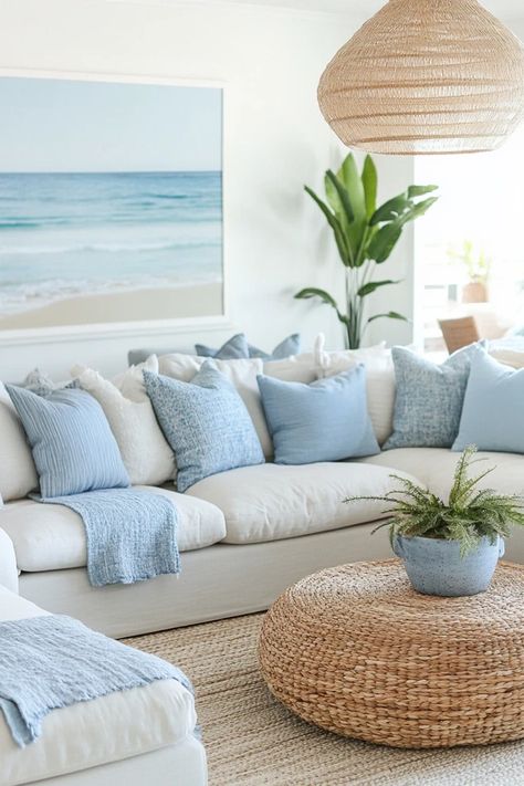 "Create a beach-inspired haven with a Modern Coastal Living Room! 🌊🛋️ Perfect for bringing the tranquility of the coast indoors. 🌿✨ #CoastalDecor #LivingRoomInspo #HomeDesign" Costal Interior Design Home, Coastal Accessories Decorating Ideas, Costal Grandma Apartment, Beach House Decor Coastal Style Living Rooms, Coastal Home Decor Living Room, Coastal Grey Living Room, Coastal Country Living Room, Small Coastal Apartment, Coastal Cowgirl Interior Design