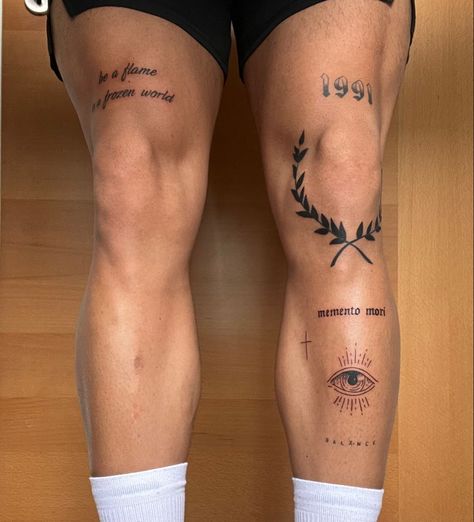 Men’s Tattoo On Knee, Guy Friendship Tattoos, Men’s Tattoos Aesthetic, Men’s Knee Tats, Men’s Inner Arm Tattoos, Tattoos That Represent Mom, Go One More Tattoo, Tattoo Ideas For Men Knee, Mens Patch Work Tattoos