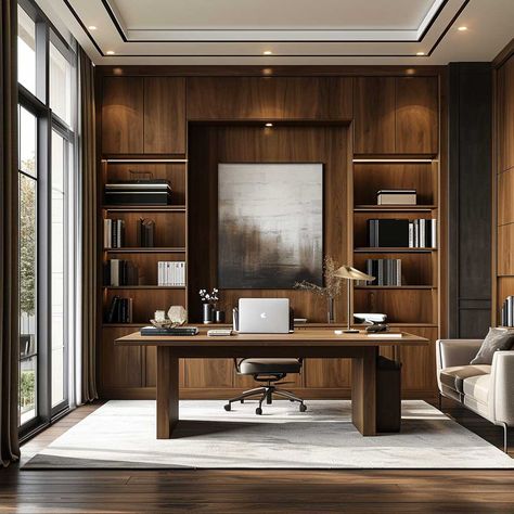 20+ Wall Wood Paneling Ideas to Create a Captivating Home Aesthetic • 333+ Images • [ArtFacade] Wooden Office Design, Wood Paneling Office, Wall Wood Paneling Ideas, Wall Wood Paneling, Wood Paneling Ideas, Office Lobby Interior Design, Executive Office Design Interior, Classic Home Office, Walnut Office