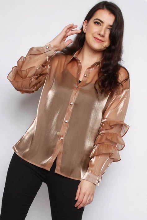 Organza Tops, Layered Sleeves, Fancy Shirt, Organza Shirt, Organza Top, Kurta Designs, Ladies Tops Fashion, Shirt Sleeves, Blouse Designs