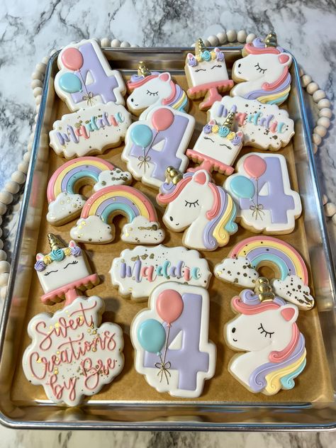 A fun unicorn birthday theme! 🦄... - Sweet Creations by Bre 3rd Birthday Party Unicorn Theme, Unicorn Themed Cookies, Unicorn Cookies Birthday, Unicorn Birthday Party Cookies, Unicorn Decorated Cookies, Unicorn Cookies Decorated, Unicorn Birthday Cookies, Unicorn Sugar Cookies, Unicorn Birthday Theme