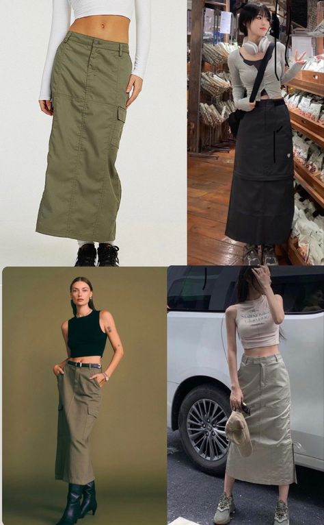 Army Green Cargo Skirt, Cargo Skirt Midi Outfit, Long Maong Skirt Outfit, Long Green Skirt Outfit Winter, How To Style Cargo Skirt Long, Long Skirt Cargo, Long Cargo Skirt Outfit Y2k, Long Green Cargo Skirt Outfits, Long Skirt Y2k Outfits