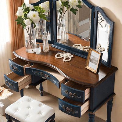 Discover the fusion of nature and art with our Solid Wood Vanity, offering a robust and eco-friendly design for a timeless addition to your home. Canora Grey | Canora Grey Nathalya Vanity / brownWood in Blue | 57.8" H X 44" W X 17.7" D | Wayfair Bedroom Makeup Vanity, Storage Bedroom, Dresser Furniture, Small Space Bedroom, Bedroom Cabinets, Mirror Makeup, Teen Bedroom Furniture, Woman Bedroom, Makeup Table