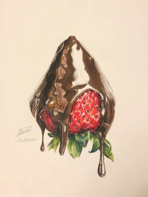 Drawing Chocolate, Strawberry With Chocolate, Chocolate Drawing, Hyperrealistic Drawing, Strawberry Drawing, Fruit Art Drawings, Desserts Drawing, Strawberry Art, Ice Cream Art