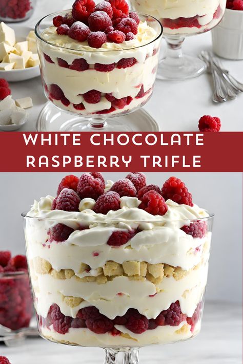 Dive into layers of bliss with our White Chocolate Raspberry Trifle! 💖🍫 Indulge in the sweet symphony of luscious white chocolate, fresh raspberries, and delicate whipped cream. A divine dessert that's as easy to make as it is to love! #TrifleMagic #DessertHeaven #SweetIndulgence 🍰✨ Strawberry Trifle Dessert, Vanilla Cake Trifle, Peppermint Triffle Desserts, Sugar Cookie Trifle, Raspberry White Chocolate Mousse, Dessert Cream Recipes, Raspberry Cheesecake Trifle, Simple Trifle Recipes, Individual Trifle Desserts Cups Christmas