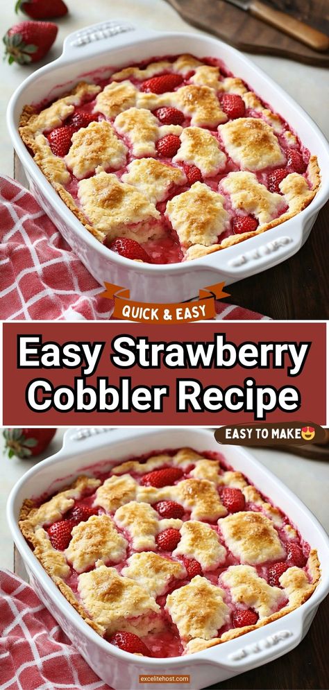 This cobbler is one of my favorite dessert recipes with strawberries. The taste of the baked fruit is so intense and the cake part of the cobbler goes perfectly with them. Frozen Strawberry Cobbler Easy, Easy Dessert Casserole Recipes, Frozen Strawberry Cobbler, Bisquick Strawberry Cobbler, Recipes Using Frozen Strawberries Desserts, Recipes For Frozen Strawberries, Frozen Strawberry Recipes Easy, What To Do With Frozen Strawberries, Desserts With Fresh Strawberries