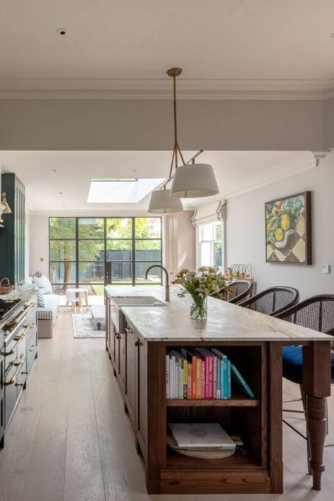 dark oak island on legs by herringbone kitchens Kitchen Island With Legs, Antique Kitchen Island, Kitchen Island Furniture, Wooden Island, Dresser Kitchen Island, Bespoke Kitchen Design, White Kitchen Island, Kitchen Island Table, London House