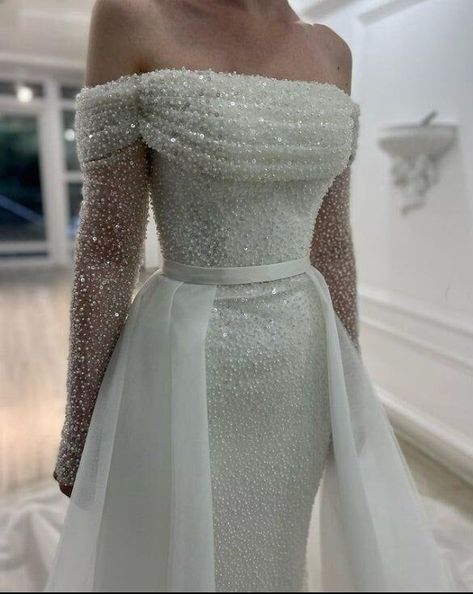 2 Parts Wedding Dress, Off The Shoulder Pearl Wedding Dress, Long Sleeve Beaded Dress, White Sparkle Wedding Dress, Pearl Beaded Wedding Dress Long Sleeve, Pearl Off The Shoulder Wedding Dress, Pearl Sparkle Wedding Dress, Best Reception Dress, Long Sleeve Wedding Dress With Overskirt