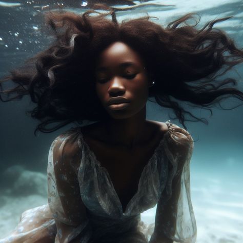 Black Woman Underwater, Hair In Water, Black Surrealism, Hair Underwater, Underwater Hair, Woman Underwater, Bday Vibes, Underwater Photoshoot, Drawing Refrences