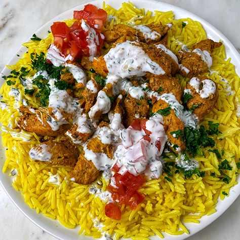 Sara Abdulaziz's NYC Halal Cart-Style Chicken and Rice Chicken And Rice Halal, Halal Street Cart Chicken, Cuisine At Home Recipes, Swarma Chicken And Rice, Halal Meal Prep, Chicken Shawarma Recipes, Halaal Recipes Chicken, Halal Lamb And Chicken Over Rice, Chicken Halal Recipes