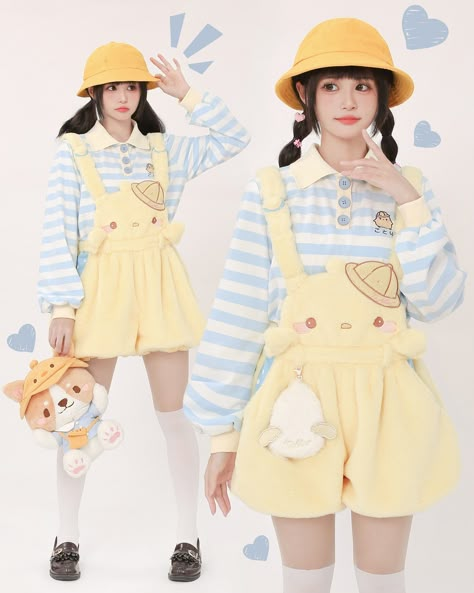 Skirt Overalls Outfit, Magical Girl Oc, Doll Reference, Kawaii Cutecore, Girl Oc, Slay Outfits, Overalls Outfit, Cool Kids Clothes, Blue Striped Top