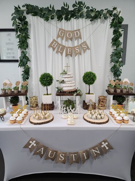 Baptism Kids Table, Baptismal Table Set Up, Desert Table Baptism, Party In House Decoration, Confirmation Decoration Ideas, Conformation Party Ideas Confirmation Cakes, Bautizo Candy Table Ideas, Confirmation Ideas Decorations, Confirmation Party Food