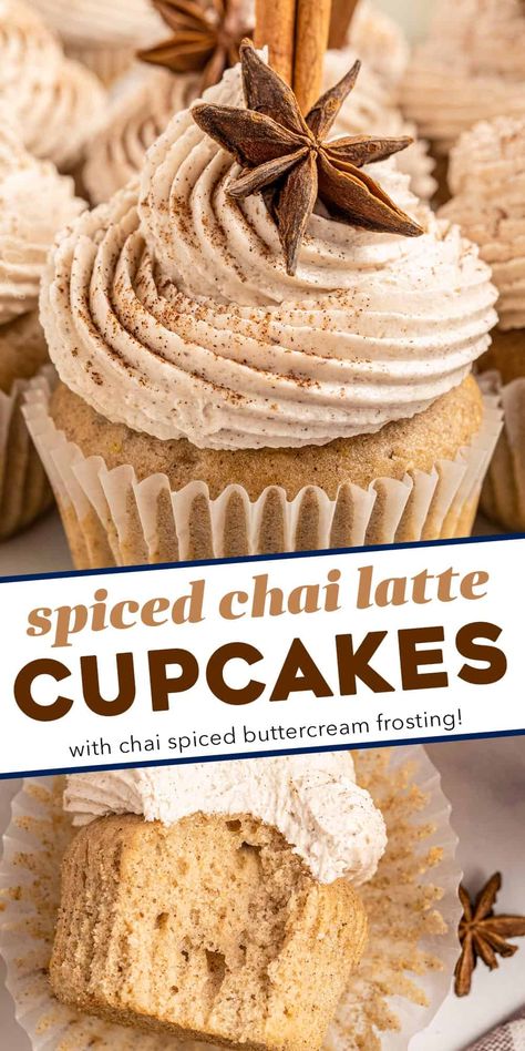 These Chai Latte Cupcakes are the perfect blend of fluffy, soft, and moist. Topped with a generous swirl of a chai-spiced buttercream frosting, they taste just like a chai latte from your favorite coffee shop, and are perfect for the Fall season! Pumpkin Chai Snickerdoodle Cookies, Chai Tea Baking Recipes, Gluten Free Chai Cupcakes, Chai Spice Cupcakes, Cold Day Baking Ideas, Fall Desserts Cupcakes, Call Dessert Recipes, Gourmet Fall Desserts, Bake Sale Food Ideas