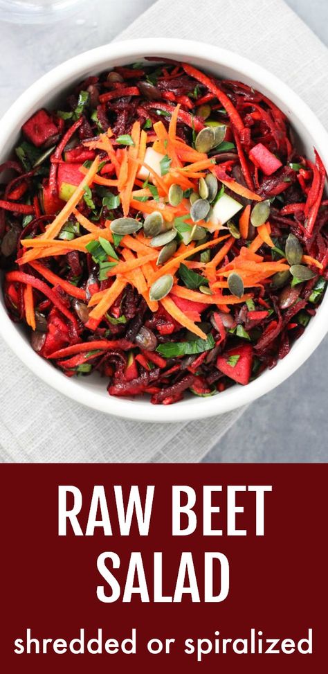 This raw beet salad is crunchy, refreshing, and very filling. It's made with shredded or spiralized fresh beets with a very simple dressing. It's perfect as a side salad or cold side dish. This healthy recipe is very easy to make and is ideal for meal-prep. #beets #salad #recipe #cleaneating #vegan Raw Beet Salad, Spiral Vegetable Recipes, Red Beets Salad, Beets Salad, Beet Salad With Feta, Beetroot Recipes, Beet Salad Recipes, Raw Beets, Simple Dressing