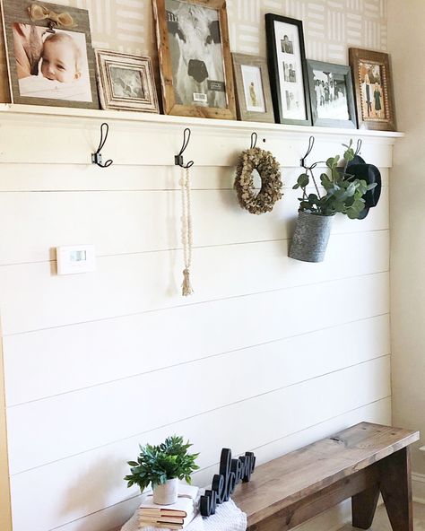 Entrance Bench And Hooks, Shiplap With Hooks Entry, Photo Ledge Entryway, Floating Shelf With Hooks Underneath, Shiplap With Picture Ledge, Mudroom Shiplap Ideas, Picture Shelf Entryway, Shiplap Entryway With Hooks, Entry Way Shelf With Hooks