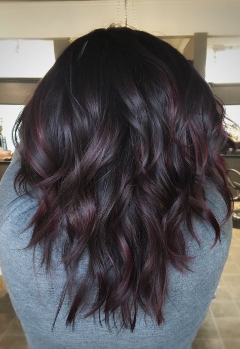 Purple storm Purple Hues Hair, Black And Plum Hair Ombre, Black Hair With Dark Purple Balayage, Lob Dark Hair Balayage, 2023 Women Hair Color, Purple For Dark Hair, Dark Hair Plum Highlights, Black Hair With Deep Purple Highlights, Bayalage Brunette Mid Length