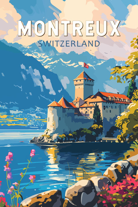 Retro-style illustration of Montreux, Switzerland, featuring Chillon Castle on the shores of Lake Geneva with majestic mountains in the background under a bright blue sky. Travel Postcards Aesthetic, Chillon Castle, Switzerland Painting, Montreux Switzerland, Switzerland Art, Travel Photo Album, Switzerland Cities, Vintage Advertising Posters, Travel Icon