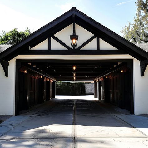 Discover upscale black and white wooden garages featuring simple, elegant designs with wood beams and gable roofs. Options include open carports for multiple vehicles, daylight and night lighting, and clean surroundings. Ideal for luxury homes in Florida and South Dakota. Wooden Garages, Luxury Home Designs, Homes In Florida, Garage Renovation, Wooden Garage, Gable Roof, Luxury House Designs, Wood Beams, House Room