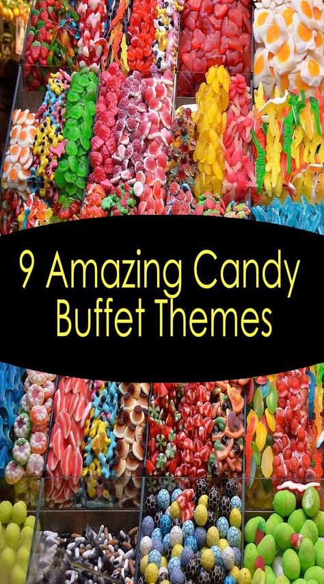 9 Amazing Candy Buffet Themes  Who is not attracted to taking some sweets? Kids love to have candies and chocolates from time to time. Why not consider including a candy buffet at your kid’s next party? A candy buffet is one of the most creative and eye-catching elements that you can include at your kid’s birthday party. Your little ones and their guests, including adults, will be fascinated.  #partituki  #kidspartyideas #kidsbirthday #partykids #partyplanner Candy Bar Buffet Ideas, Candy Theme Party Ideas, Candy Bar For Birthday Party, Candy Shop Birthday Party Ideas, Candy Bars Ideas For Parties, Candy Bar Ideas For Parties, Candy Bar Ideas Birthday, Birthday Candy Bar Ideas, Party Candy Bar Ideas