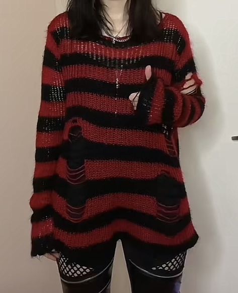 Emo Sweater Outfits, Crochet Alternative Clothing, Black And Red Clothes, Red And Black Emo, Crochet Inspo Ideas, Goth Oc, Dresses Fits, Santa Tell Me, Red And Black Outfits