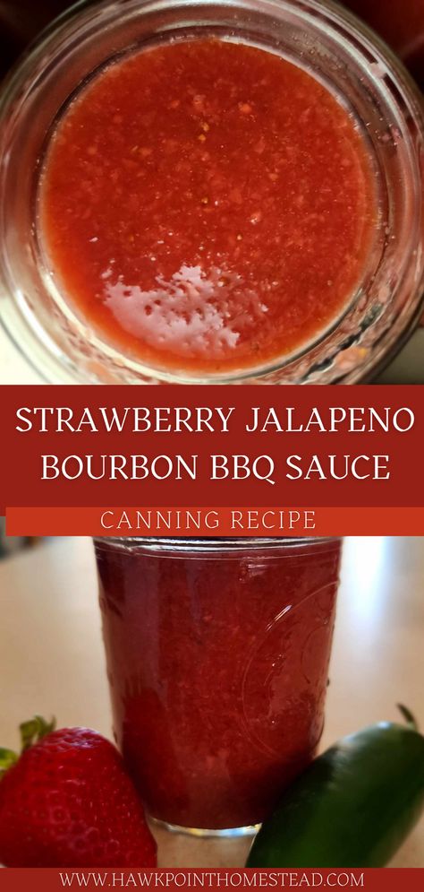 This recipe for strawberry jalapeno bourbon BBQ sauce recipe for canning is a delicious and wonderful twist on traditional BBQ sauce. The strawberries give it a sweet flavor and combined with tangy flavor of the peppers make it a taste out of this world. Plus adding the bourbon gives it a smooth delicious flavor that pairs perfectly with grilled meats like ribs, chicken and pork. This sweet BBQ sauce with its little bit of heat has an interesting flavor that will delight you! Strawberry Red Wine Bbq Sauce, Bbq Canning Recipes, Fruit Bbq Sauce Recipe, Apple Jalapeno Bbq Sauce, Bbq Sauce Canning Recipe, Bbq Sauce For Canning, Strawberry Bbq Sauce, Bourbon Bbq Sauce Recipe, Bourbon Bbq Sauce